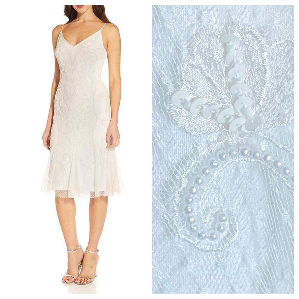 New! Adrianna Papell Ivory Beaded Midi Dress Size 4 47664